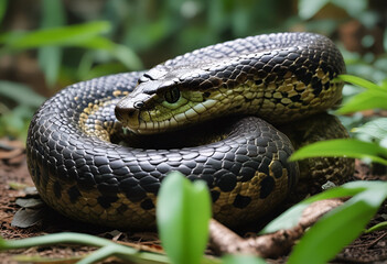 Nonvenomous constrictor snake Anaconda reptile coiled ready to attack - obrazy, fototapety, plakaty