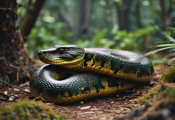 Obraz premium Anaconda snake in the jungles of the Amazon rainforest with reptilian scales at head of nonvenomous constrictor body