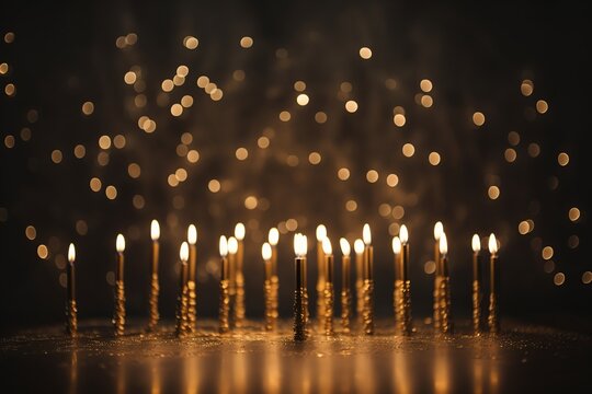 Jewish holiday Hanukkah background with menorah (traditional candelabra) and burning gold candles.