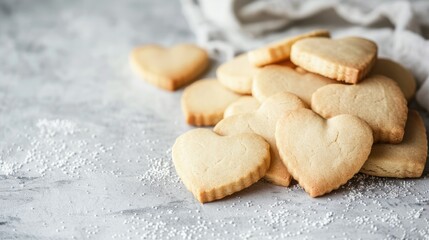 Fototapeta na wymiar Heart shaped shortbread cookies placed on a soft grey backdrop are a delightful homemade gift idea perfect for occasions like Mother s Day International Women s Day or Valentine s Day