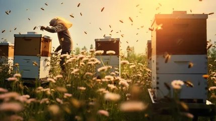 Fotobehang A farmer inspecting beehives in a field of blooming clover, bees buzzing around in a harmonious dance, copy space © Nittaya