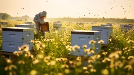 Fotobehang A farmer inspecting beehives in a field of blooming clover, bees buzzing around in a harmonious dance, copy space © Nittaya