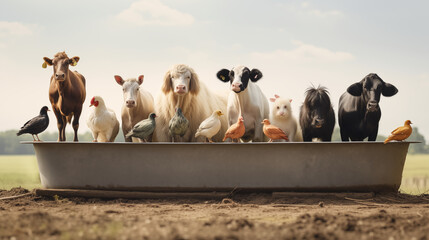 A group of farm animals gathered around a feeding trough, their contented munching filling the air, copy space - obrazy, fototapety, plakaty