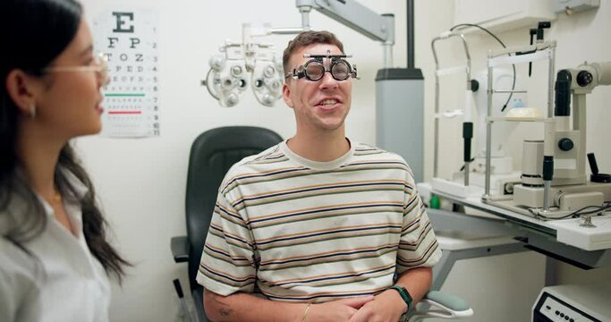 Ophthalmologist, woman and man with test frame for healthcare, wellness or consultation for eye care. Medical exam, optometry or happy patient on lens for vision, check or trial with doctor in clinic