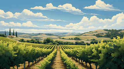 A picturesque vineyard with rows of grapevines leading towards a central focal point, ideal for...