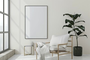 Scandinavian style living room with poster mockup created with generative ai