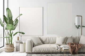 Naklejka premium Scandinavian style living room with poster mockup created with generative ai