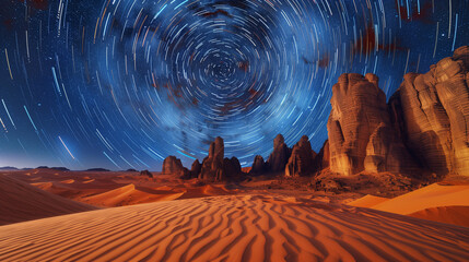 A starry night sky over Wadi crossed arches in Jordan, with the glowing arc of light creating an otherworldly effect on the desert landscape. The long exposure captures the swirling stars
 - obrazy, fototapety, plakaty