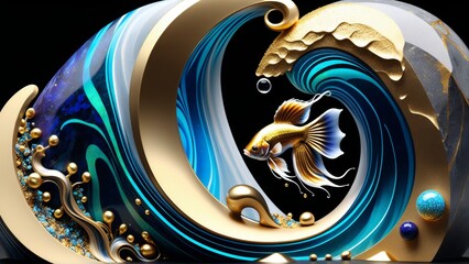 3d illustration of blue and gold fish with gold frame on black background