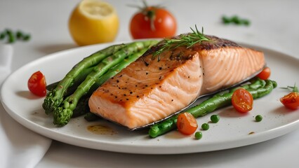 A dish with a white plate highlighting salmon and asparagus