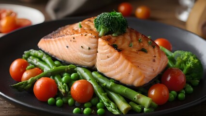 a serving dish exhibiting salmon and asparagus on a black plate