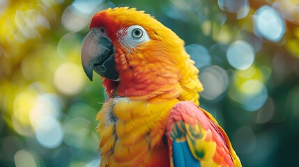 Obraz premium An extreme close-up captures the sharp focus of a parrot's eye, highlighting the exquisite detail and vibrant colors of its feathers.