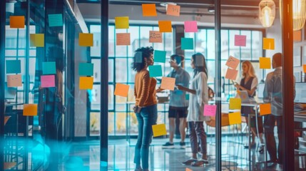Fototapeta premium A team in a minimalist office, engaging in a creative workshop with sticky notes on glass walls, styled as vibrant pop art.