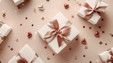 Obraz na płótnie Canvas An aerial snapshot captures Valentine s Day decorations featuring elegant white gift boxes adorned with shimmering brown and light beige ribbon bows glistening silver heart shaped confetti 