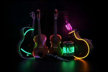 music, instruments, guitar, violin, drum, dark, background, musical, art, strings, percussion, performance, shadow, artistic