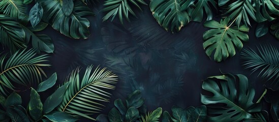Close-up view of a dark, tropical background featuring green leaves and palm trees in a flat lay...