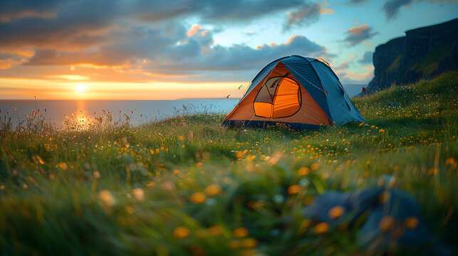 sunset camping tent on grass land beside lake