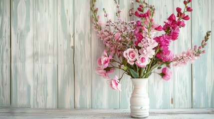 Create a stunning floral arrangement perfect for Valentine s Day Mother s Day or Women s Day featuring pink flowers set against a vintage white wooden backdrop in a captivating still life d