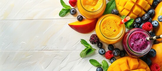 Yellow and purple fruit smoothies are displayed in glass jars with straws, mint leaves, mango slices