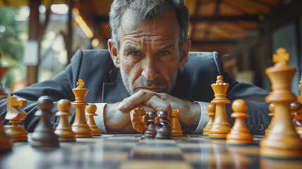 business man in suit pushing chess pieces. man playing chess, thinking, game, mental battle,...