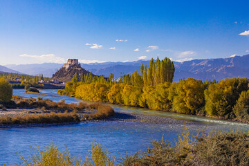 A Panoramic view of Stakna Monastery also called Stakna Gompa at the banks of blue Indus River in...