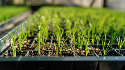 Naklejka premium Rice seedlings freshly sprouted arranged neatly in the seeding tray