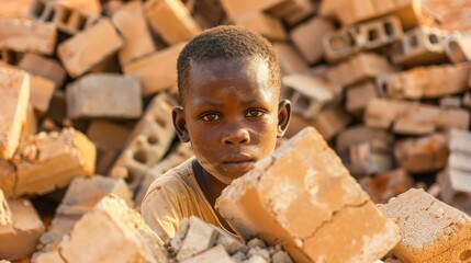 The image of a young African boy surrounded by heaps of bricks symbolizes child exploitation and the plight of African children in the labor force - obrazy, fototapety, plakaty