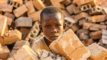 Poster The image of a young African boy surrounded by heaps of bricks symbolizes child exploitation and the plight of African children in the labor force © 2rogan