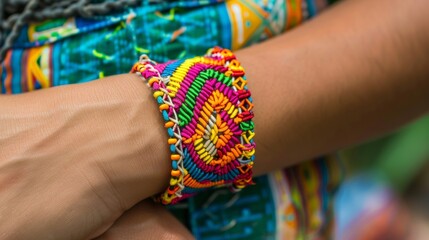 Closeup of a volunteers vibrant handmade bracelet given to them as a token of appreciation by the locals they worked with during a recent service trip. .