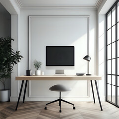 Elegance home office interior with laptop mockup and empty space on table 3d rendering - generated by ai