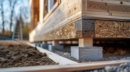 Closeup of a modular homes foundation revealing the sy and efficient use of space through its advanced building techniques. .