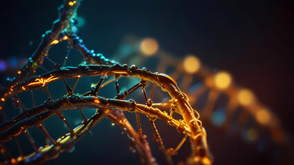 Glowing DNA closeup on blue background
