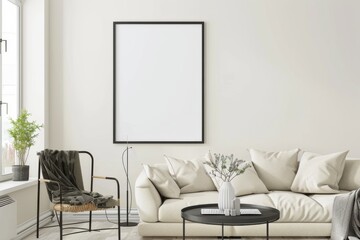 Scandinavian style living room with poster mockup created with generative ai