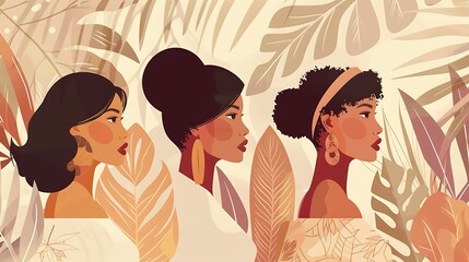
Bohemian-style flat illustration featuring side profile portraits of three young women, adorned with patterns of tropical leaves.