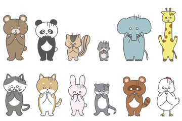 がーんのリアクションをするかわいい手書きの動物たちのイラストセット