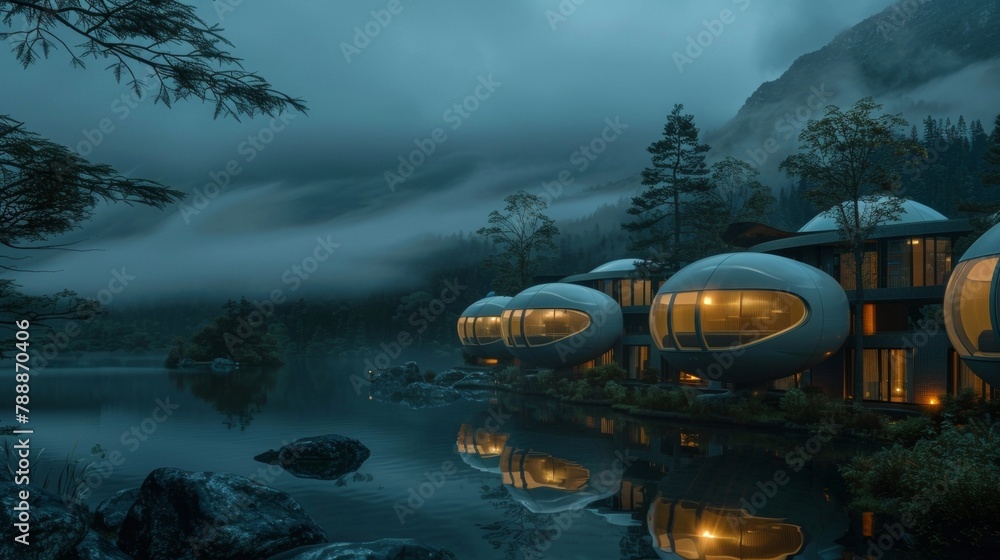 Poster as the night falls the pod hotels light up the surrounding landscape with their glowing futuristic s