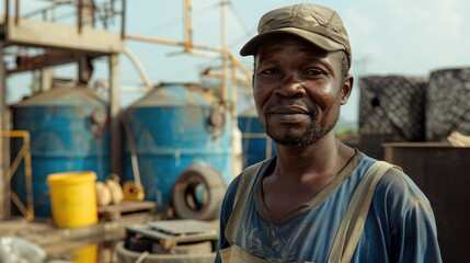 An African man is positioned proudly outside the factory