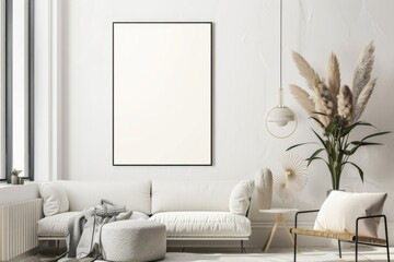 Scandinavian style living room with poster mockup created with generative ai