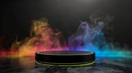 black podium colorful smoke