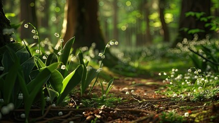 In the springtime forest you can spot the delicate white flowers of the Lily of the Valley Convallaria majalis