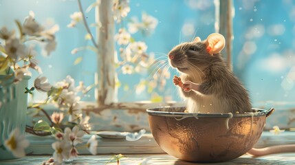 One Whiskered Rat Mixing Batter in Vintage Copper Bowl on Sunny Windowsill with Soft Blue Sky Background - obrazy, fototapety, plakaty