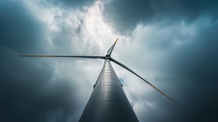 Closeup of a wind turbine towering above a field and harnessing the power of wind to generate clean electricity. . - obrazy, fototapety, plakaty
