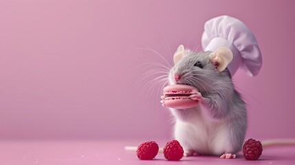 Surreal Rat Chef Baking Raspberry Macaron on Pastel Purple Background in Professional Studio Lighting