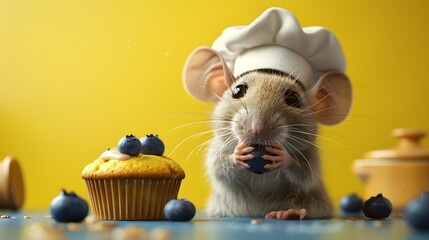 Surreal of Rat Bakery Chef Baking Blueberry Muffin on Pastel Yellow Background - obrazy, fototapety, plakaty
