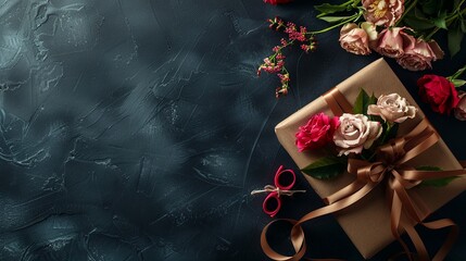 Flowers and a gift with ribbons on a dark background. copy space. top view.