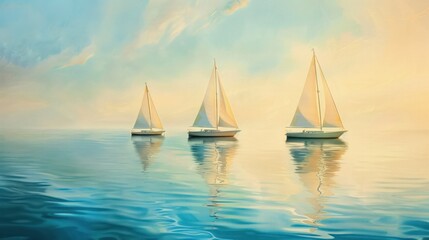 Fototapeta premium Sailboats gliding gracefully across tranquil waters, their sails billowing in the gentle summer breeze.