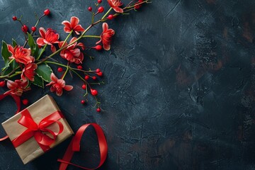 Flowers and a gift with ribbons on a dark background. copy space. top view. - obrazy, fototapety, plakaty