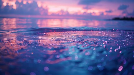 As the sun sets and the sky turns to a canvas of pastel hues the bioluminescent plankton illuminates the water creating a dreamy and restful environment for a sleep 2d flat cartoon. - obrazy, fototapety, plakaty
