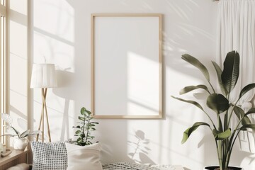Scandinavian style living room with poster mockup created with generative ai