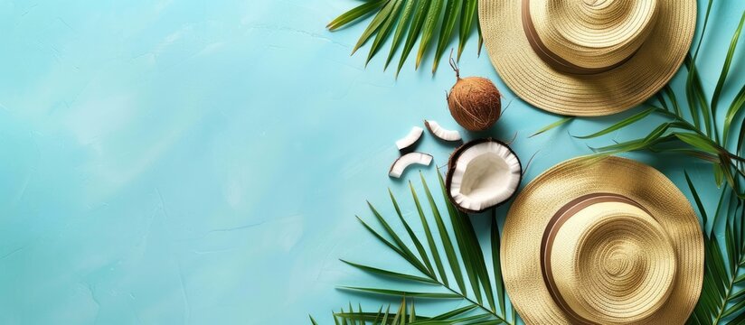 Summer-themed arrangement featuring tropical palm leaves, a sun hat, and a coconut set against a soft blue backdrop. Depicting the essence of summer with a flat lay presentation, top view,